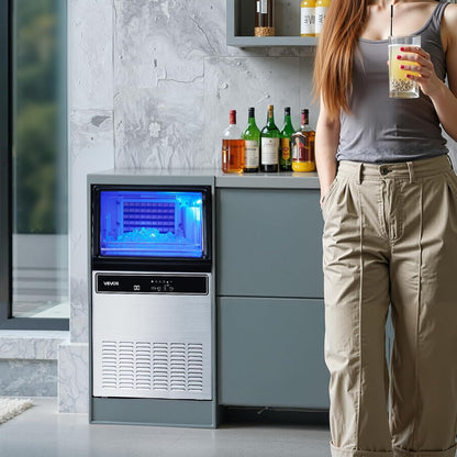 VEVOR Commercial Ice Maker Machine, 130Lbs/24H with 33Lbs Storage, 45 Cubes per Cycle, Stainless Steel Freestanding & Under Counter Ice Maker with LED Display & Self-Cleaning, for Home Bar Restaurant