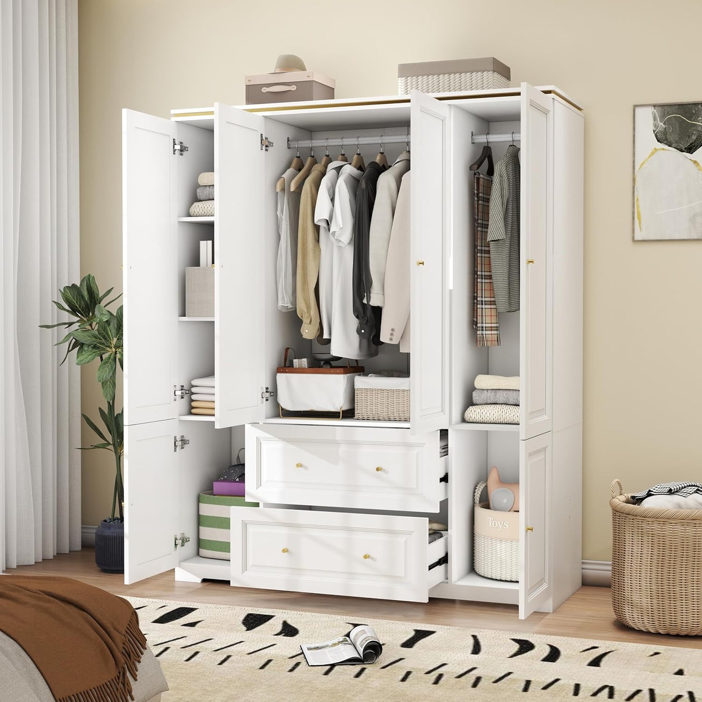 White Wardrobe with 2 Drawers: 74" Large Wardrobe Closet for Hanging Clothes, Tall Armoire Closet with 4 Doors, Bedroom Armoires with Hanging Rod (59")