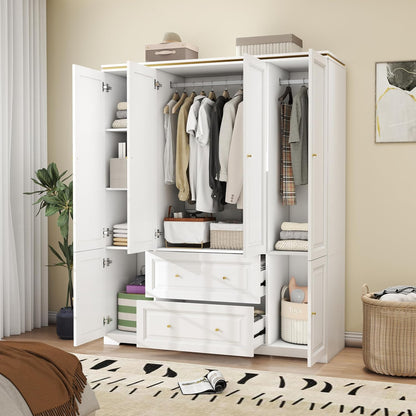 White Wardrobe with 2 Drawers: 74" Large Wardrobe Closet for Hanging Clothes, Tall Armoire Closet with 4 Doors, Bedroom Armoires with Hanging Rod (59")