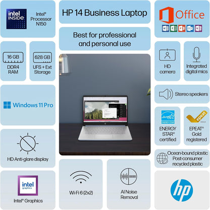 HP 14” Flagship Laptop 2025 AI-Powered Computer, Office Lifetime, Student Business, 4-Core Intel CPU, 16GB RAM 628GB Storage (128GB UFS+ 500GB Ext), Long Battery HubxcelAccessory Win 11 Pro Sky Blue