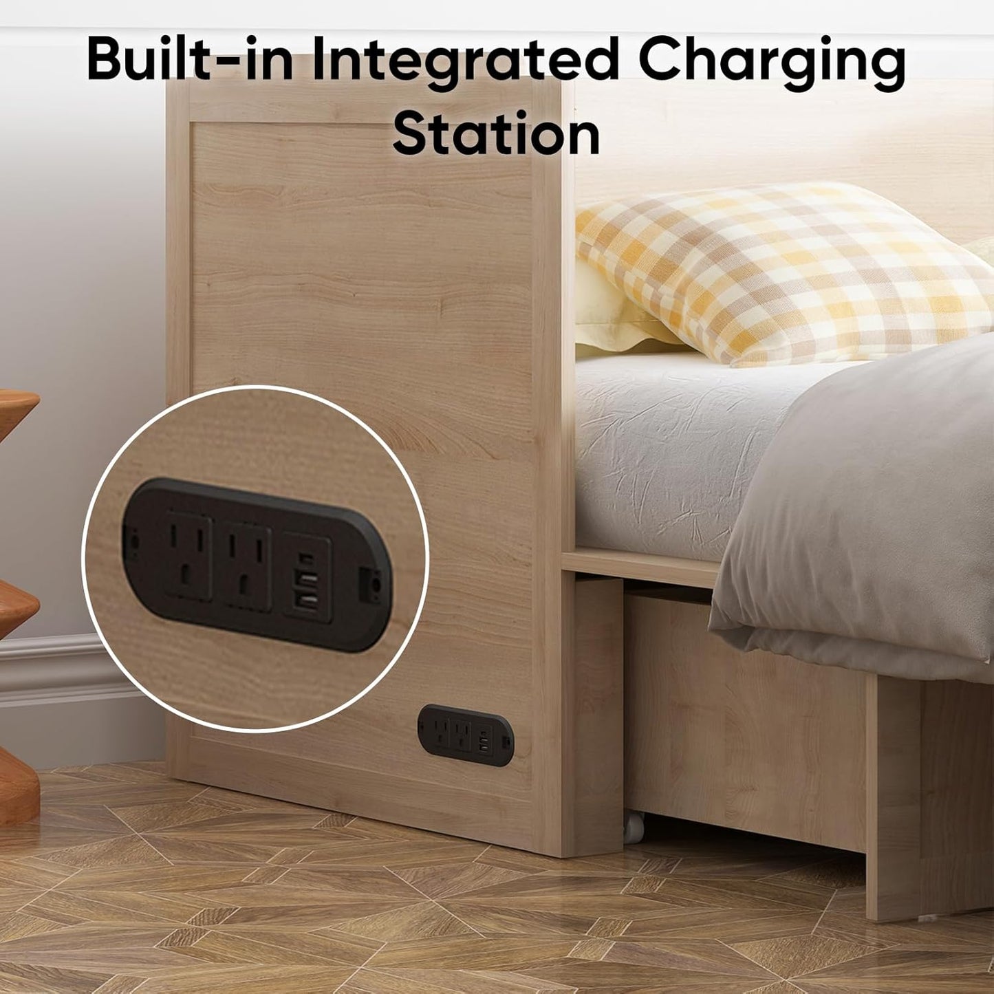 CECER Queen Size Murphy Bed with Tri-Folding Mattress .Murphy Bed with Charging Station and Two Large Storage Drawers for Small Spaces/Bedroom（Natural Wood）-Mattress Include
