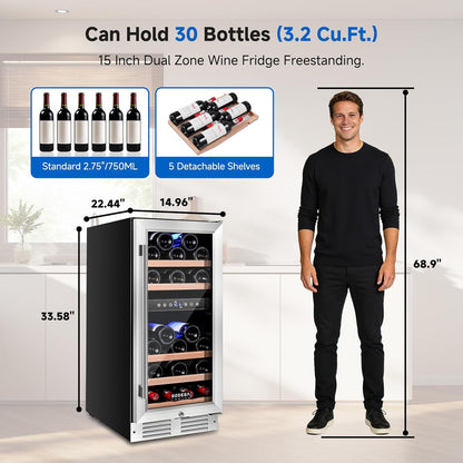 BODEGA COOLER 15 Inch Wine Fridge - 30 Bottles Dual Zone Wine Cooler, 41°F -72°F Wine Beverage Cooler Built-in or Freestanding, Adjustable Shelves & Bule LED Light, Perfect for Home/Kitchen(3.2 cu.ft)