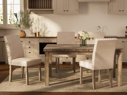 Morden Fort Rustic Dining Table Set for 6, Farmhouse Kitchen Dining Chairs for 6, Charming 60" Rectangular Wooden Table&6 Upholstered Chair with Nailhead Accents for Dining Hub,Breakfast Nook