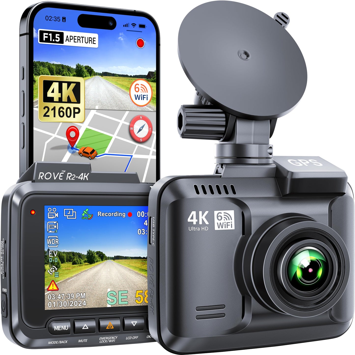 ROVE R2-4K Dash Cam with WiFi, GPS, Night Vision, 150° Angle