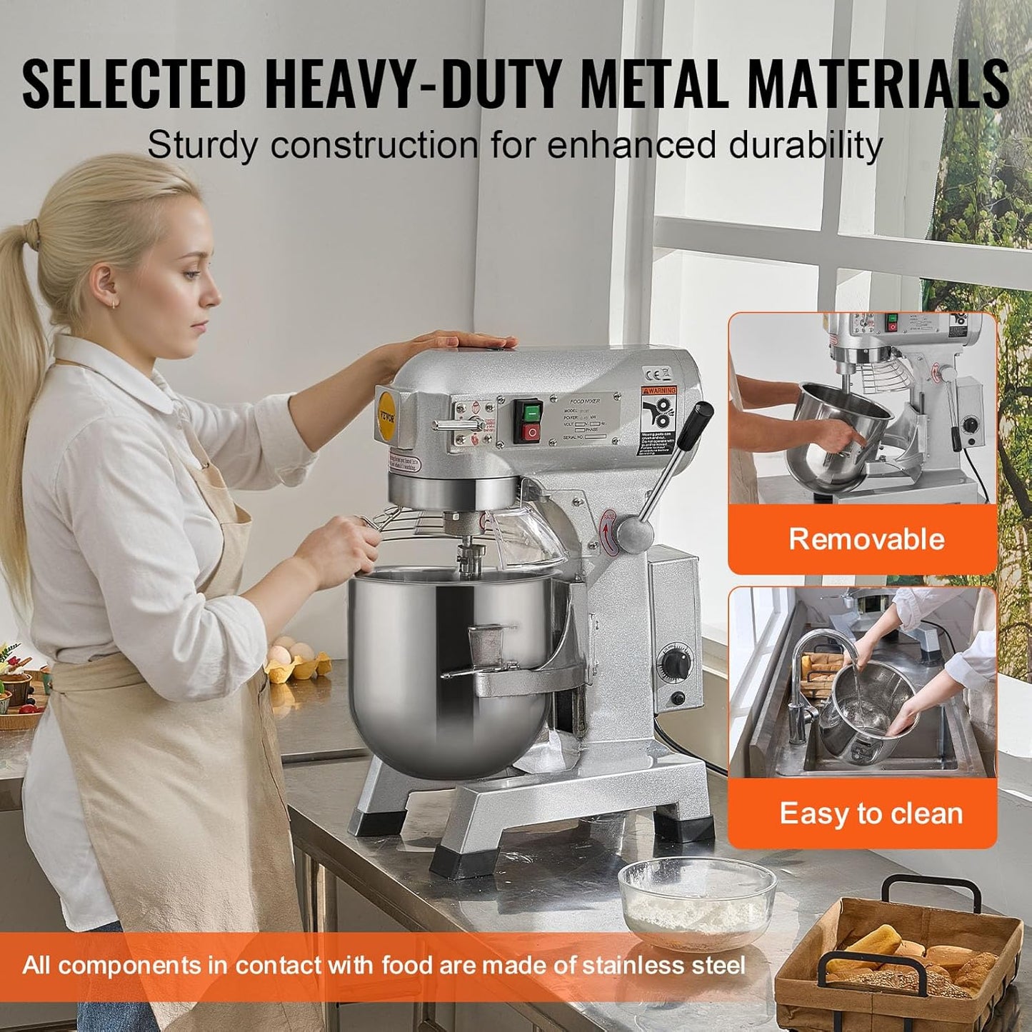 VEVOR Commercial Food Mixer 15Qt, Commercial Mixer with 3 Adjustable Speeds, 550W Dough Mixer,Commercial Stand Mixer with Stainless Steel Bowl