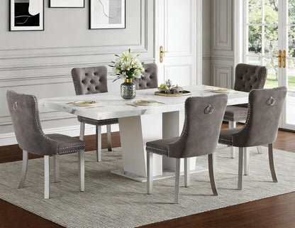 Henf 7 Pieces Faux Marble Dining Table Set for 6, 63"-79" Extendable Dining Room Table and 6 Grey Tufted Chairs Set for 6, Modern Large Expandable Kitchen Table with White Double Columns Base
