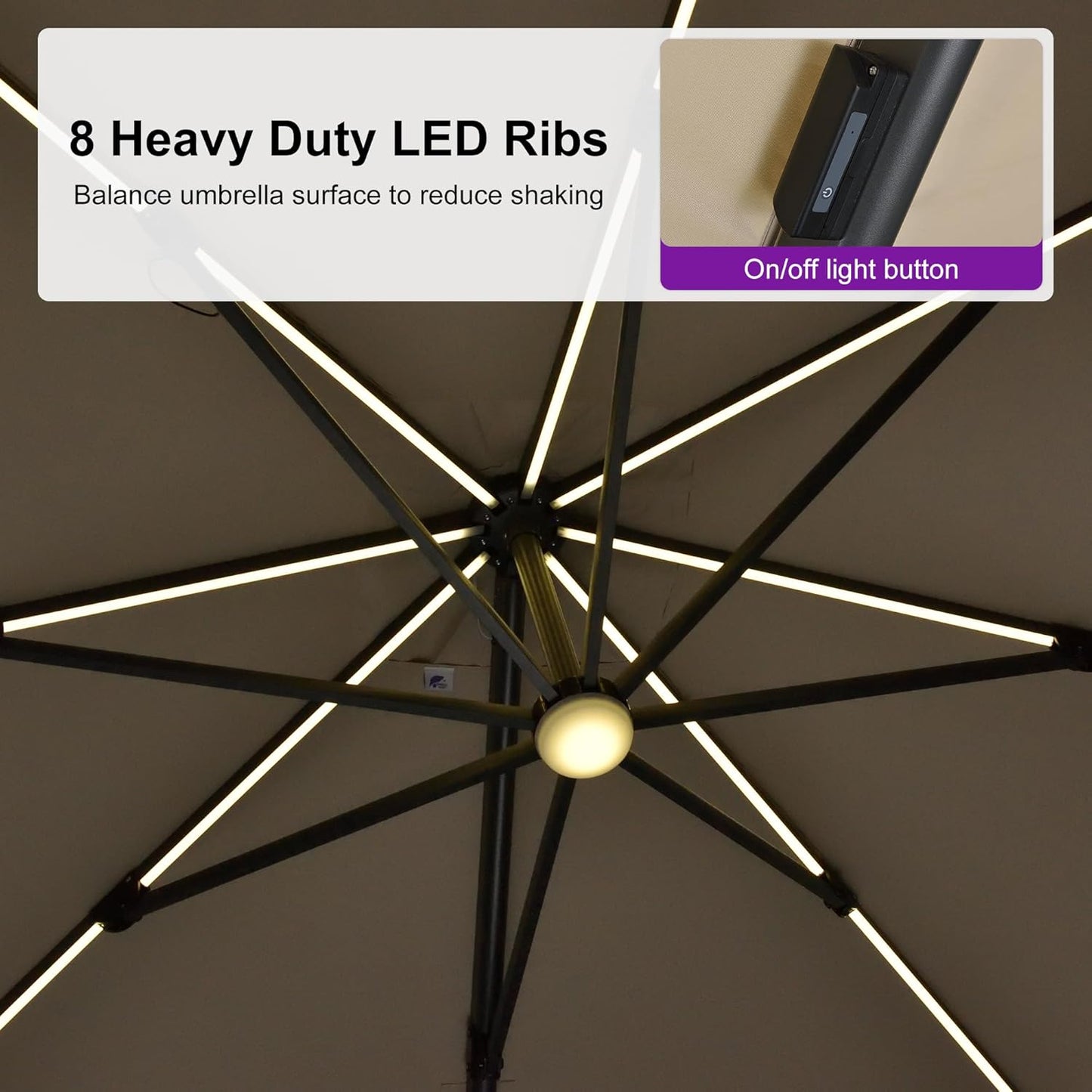 PURPLE LEAF 10 Feet Patio Umbrella with Base Outdoor Cantilever Solar Powered LED Swivel Square Umbrella Aluminum Offset Umbrella with 360-degree Rotation for Garden Deck Pool Patio, Beige