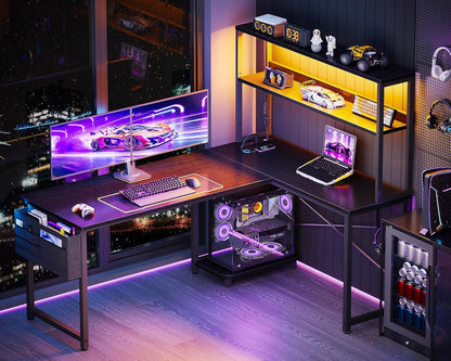 ODK 53 Inch L Shaped Gaming Desk with LED Lighting, Reversible Desk with Power Outlets, Cornor Computer Table with Storage Shelves & Bag & Iron Hook, Home Office Table for Writing, Study, Black