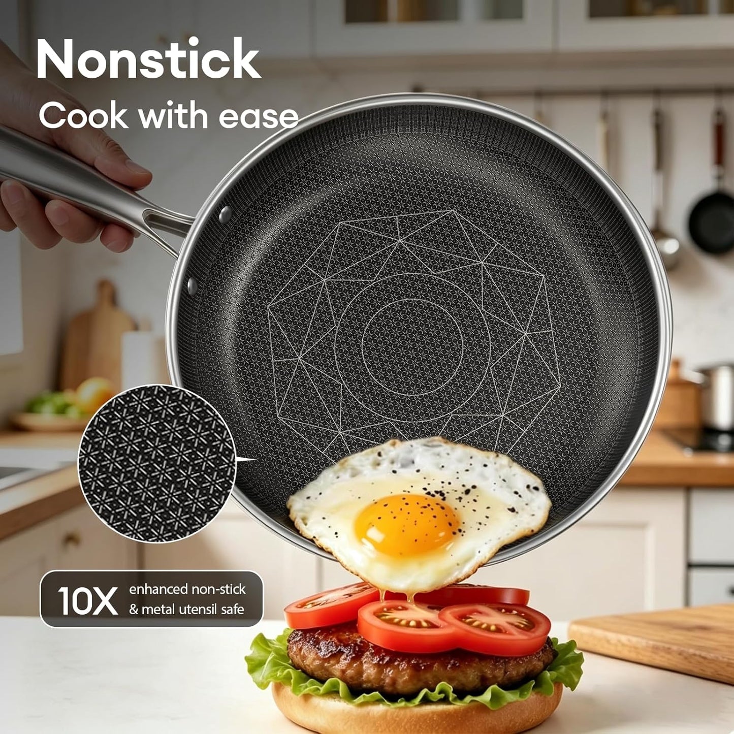 COOKER KING Non Stick Pots and Pans Set, 10pcs Hybrid Stainless Steel Cookware Set, Frying Pans, Saucepans, Saute Pan & Stock Pot, Non Toxic, Oven & Dishwasher Safe, Induction & All Cooktop Compatible