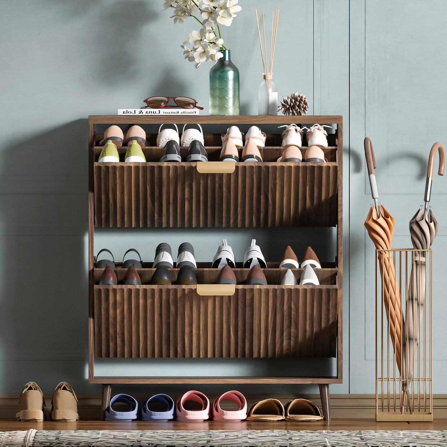 QIVOMIX Shoe Cabinet Storage - Modern Walnut Organizer with Drawers