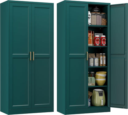 Polup Kitchen Pantry Cabinet, 71 Inch Tall Metal Pantry Cabinet with Doors and Adjustable Shelves, Freestanding Food Cupboard, Storage Cabinets for Dining, Living Room, Green-Teal, Assemble Required