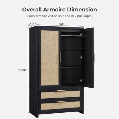SICOTAS Larger Armoire Wardrobe Closet, 71" Tall Rattan Wardrobe Closet Cabinet with Storage and 2 Drawers, Boho Armoire Clothes Organizer with Hanging Rod for Bedroom, Black Oak (2 PCS)