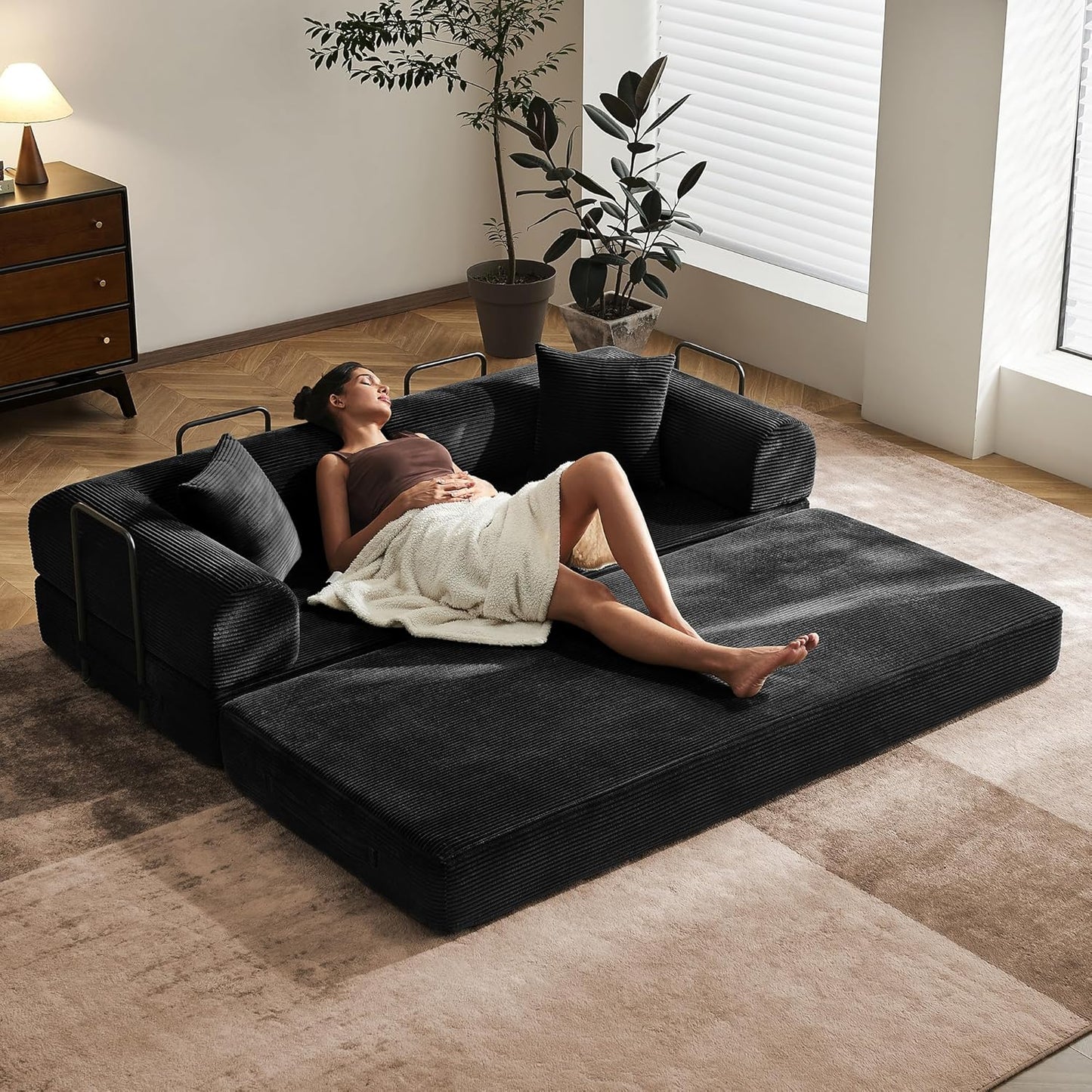 79" Convertible Sofa Bed with Fixed-Shape Frame & Removable Armrests, Modular Corduroy Sleeper Sofa, Folding Mattress Couch for Small Spaces - No Assembly Needed in Black (Includes 2 Pillows)