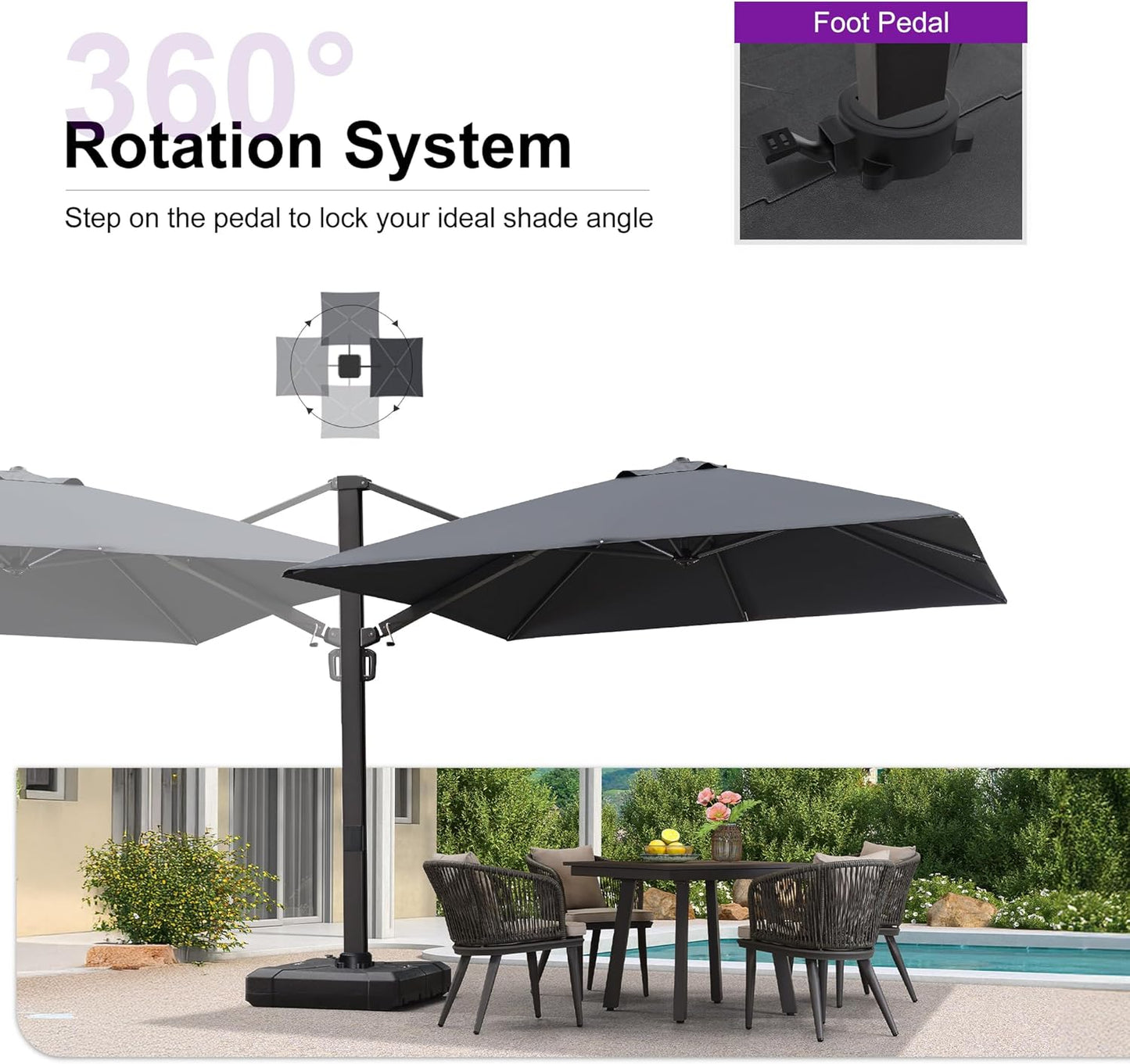 PURPLE LEAF 10 FT Square Patio Umbrella Large Outdoor Aluminum Offset Umbrella with 360-degree Rotation Cantilever Umbrella for Garden Deck Backyard Pool, Grey