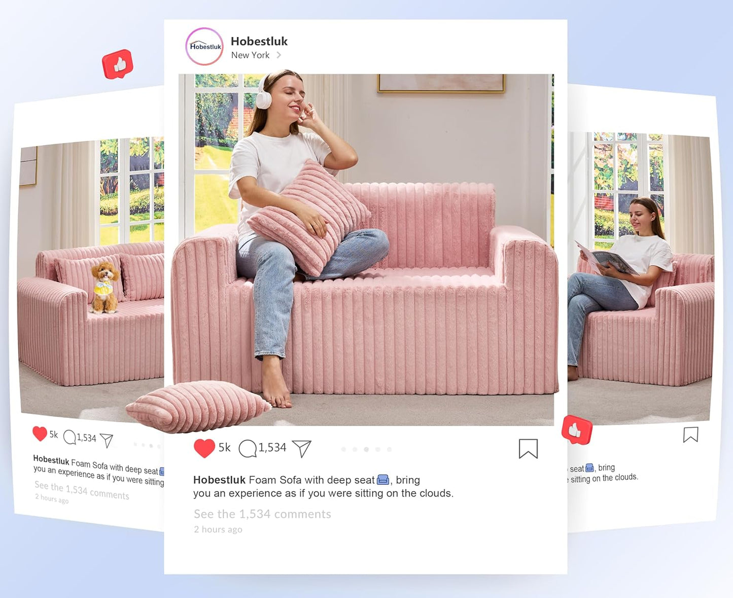 Hobestluk Couch Sofa 2-Seater Foam Sofa Loveseat for Small Spaces Comfy Sofas with Removable Cover Furry Couch with Pillows for Living Room, Bedroom, Apartment, Office (Pink, Loveseat)