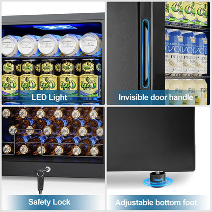 Velivi Mini Fridge 3.2 Cu.Ft Small Beverage Refrigerator 126 Can Lockable Drink Cooler with Glass Door, Safety Lock, for Beer Soda Black