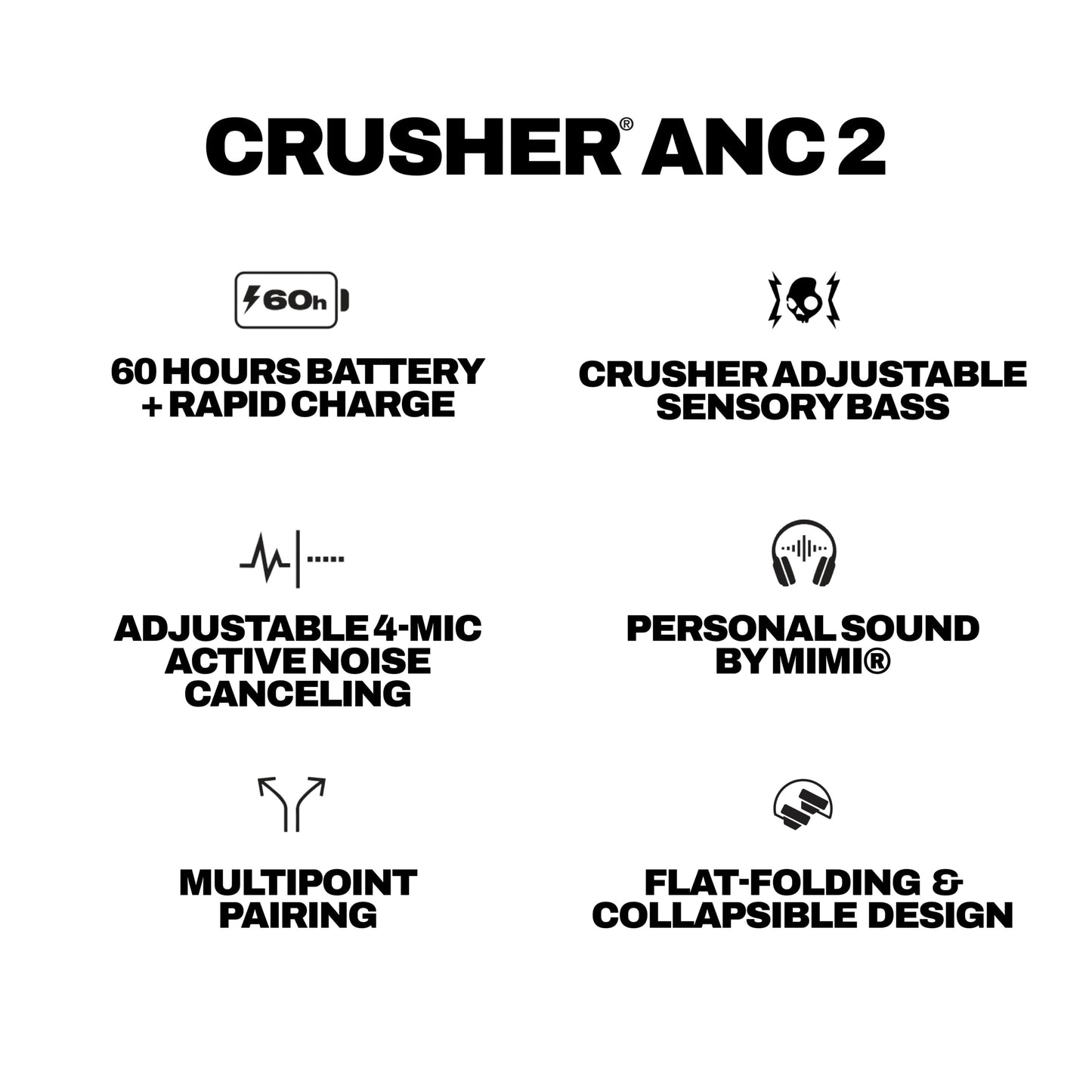 SKULLCANDY Crusher ANC 2 Wireless Over-Ear Headphones - True Black