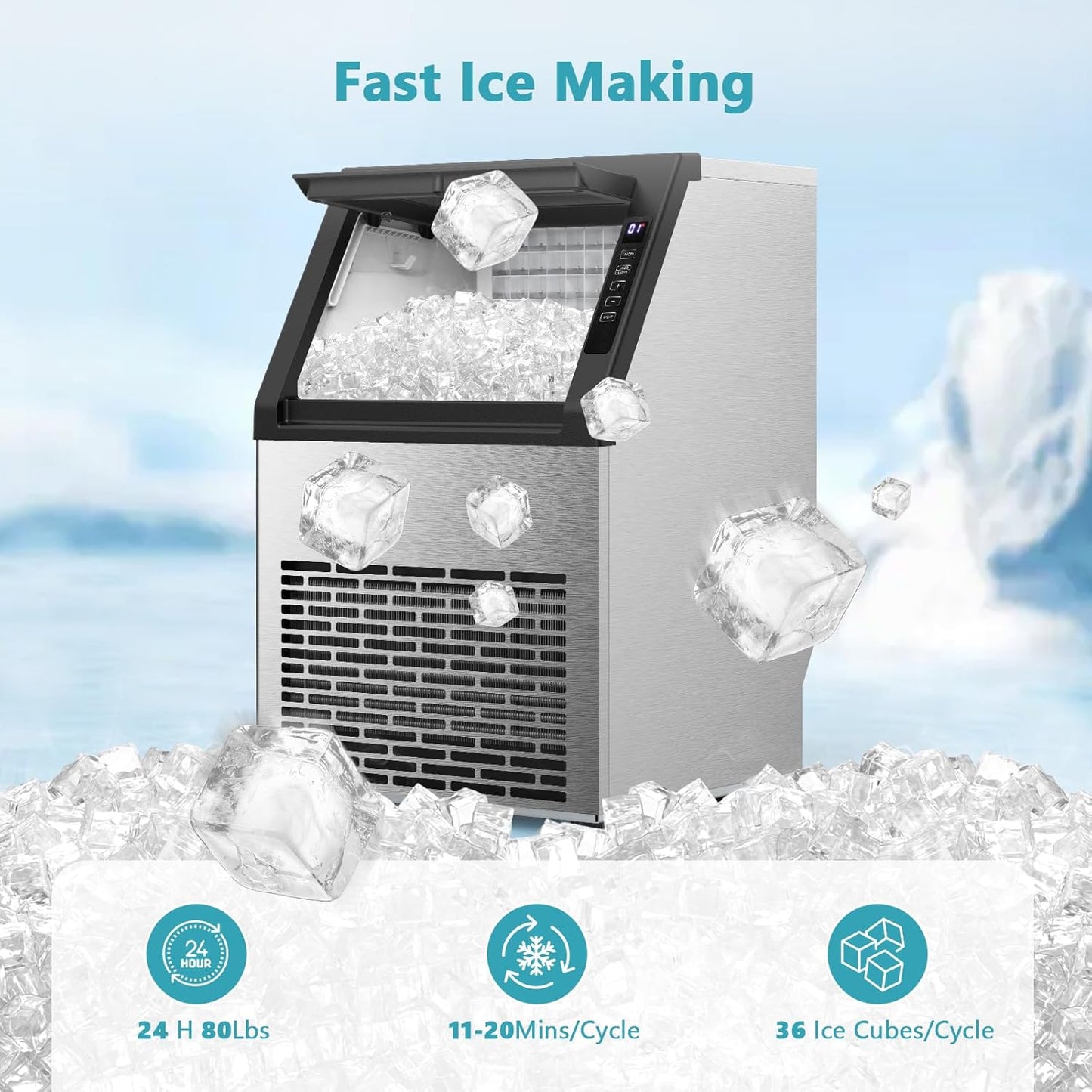 COWSAR Commercial Ice Maker Machine, Self-Cleaning Ice Machine for Home, Bar, Restaurant, Office and Outdoor .80Lbs/24H Freestanding Undercounter Ice Maker with 24Lbs Storage Capacity