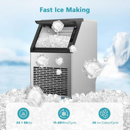 COWSAR Commercial Ice Maker Machine, Self-Cleaning Ice Machine for Home, Bar, Restaurant, Office and Outdoor .80Lbs/24H Freestanding Undercounter Ice Maker with 24Lbs Storage Capacity