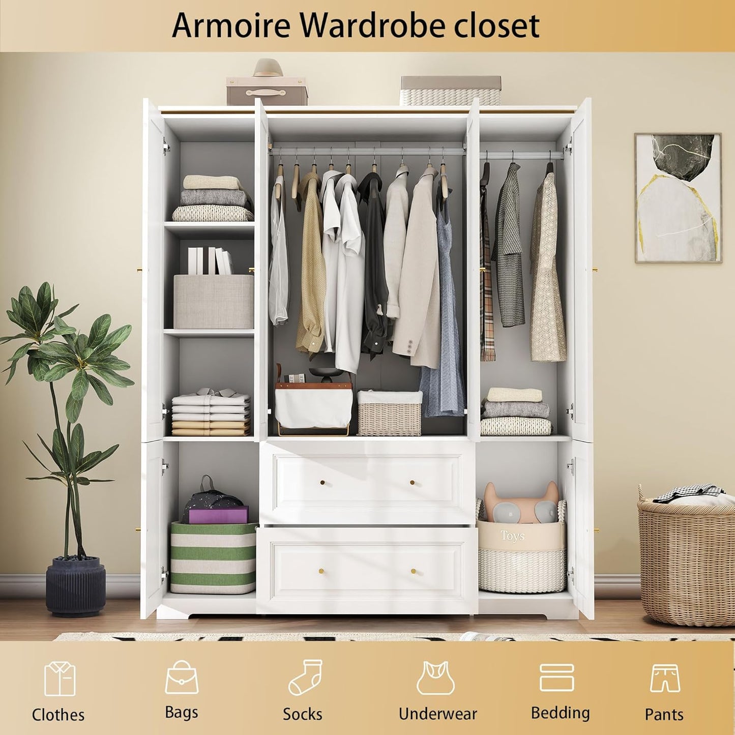 White Wardrobe with 2 Drawers: 74" Large Wardrobe Closet for Hanging Clothes, Tall Armoire Closet with 4 Doors, Bedroom Armoires with Hanging Rod (59")