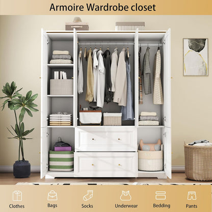 White Wardrobe with 2 Drawers: 74" Large Wardrobe Closet for Hanging Clothes, Tall Armoire Closet with 4 Doors, Bedroom Armoires with Hanging Rod (59")