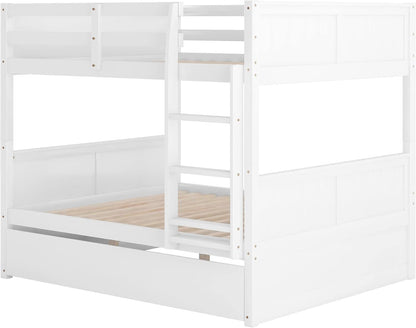 Full Over Full Bunk Bed with Trundle, Wooden Trundle Bed Frame with Ladder Safety Guardrail, Convertible to 2 Platform Beds for Kids Teens, White