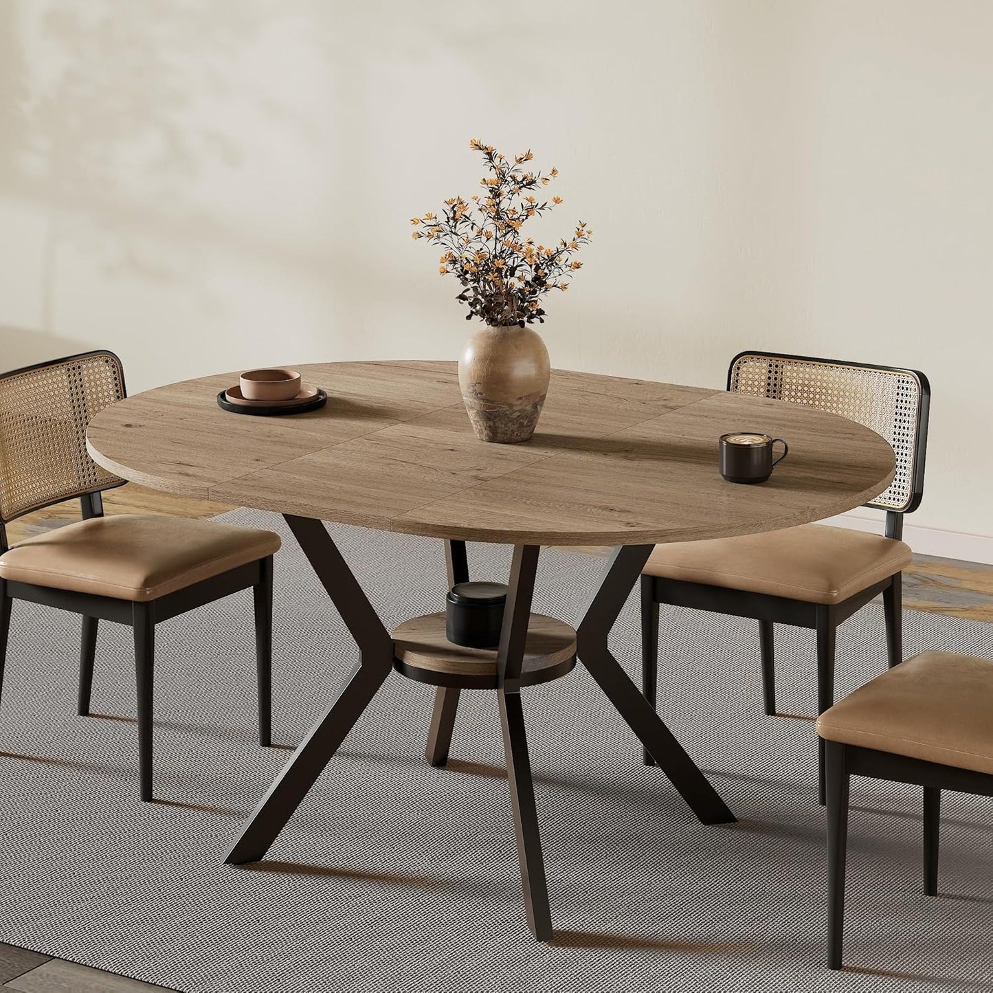 42"-58" Extendable Round Dining Table with Built-in Flip Leaf, Modern Oval Kitchen Table for 4-6, Space-Saving Small Room Furniture with Storage Shelf and X-Shaped Metal Base