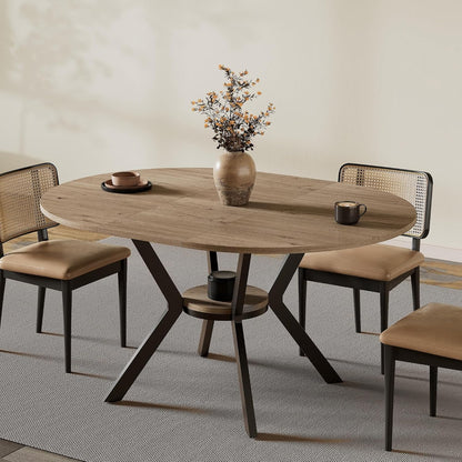 42"-58" Extendable Round Dining Table with Built-in Flip Leaf, Modern Oval Kitchen Table for 4-6, Space-Saving Small Room Furniture with Storage Shelf and X-Shaped Metal Base