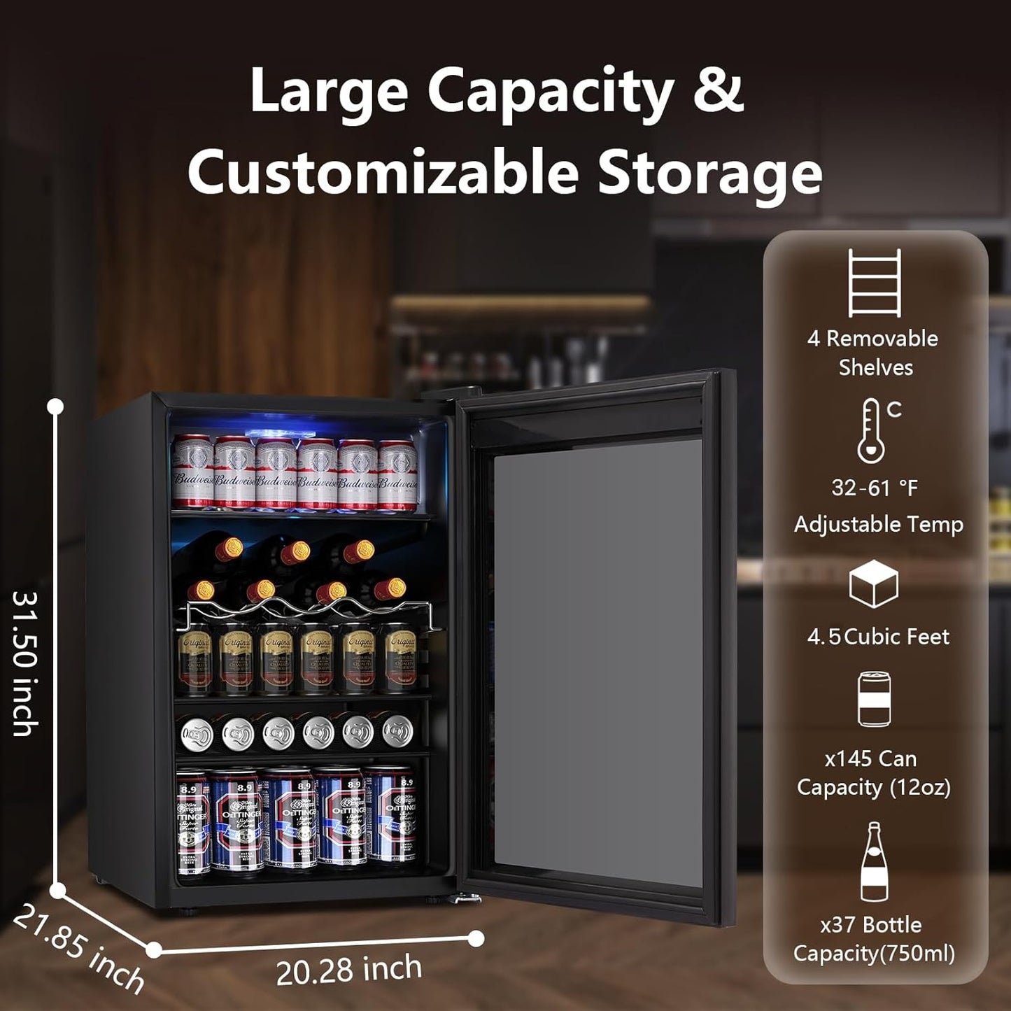 Electactic 37 Bottle Wine Fridge,Freestanding 145 Can Beverage Refrigerator with Smart Temperature Control .4.5 CU FT Quiet Mini Fridge with Child Lock Panel for Family Restaurant Bar, Black