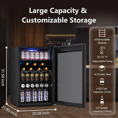 Electactic 37 Bottle Wine Fridge,Freestanding 145 Can Beverage Refrigerator with Smart Temperature Control .4.5 CU FT Quiet Mini Fridge with Child Lock Panel for Family Restaurant Bar, Black