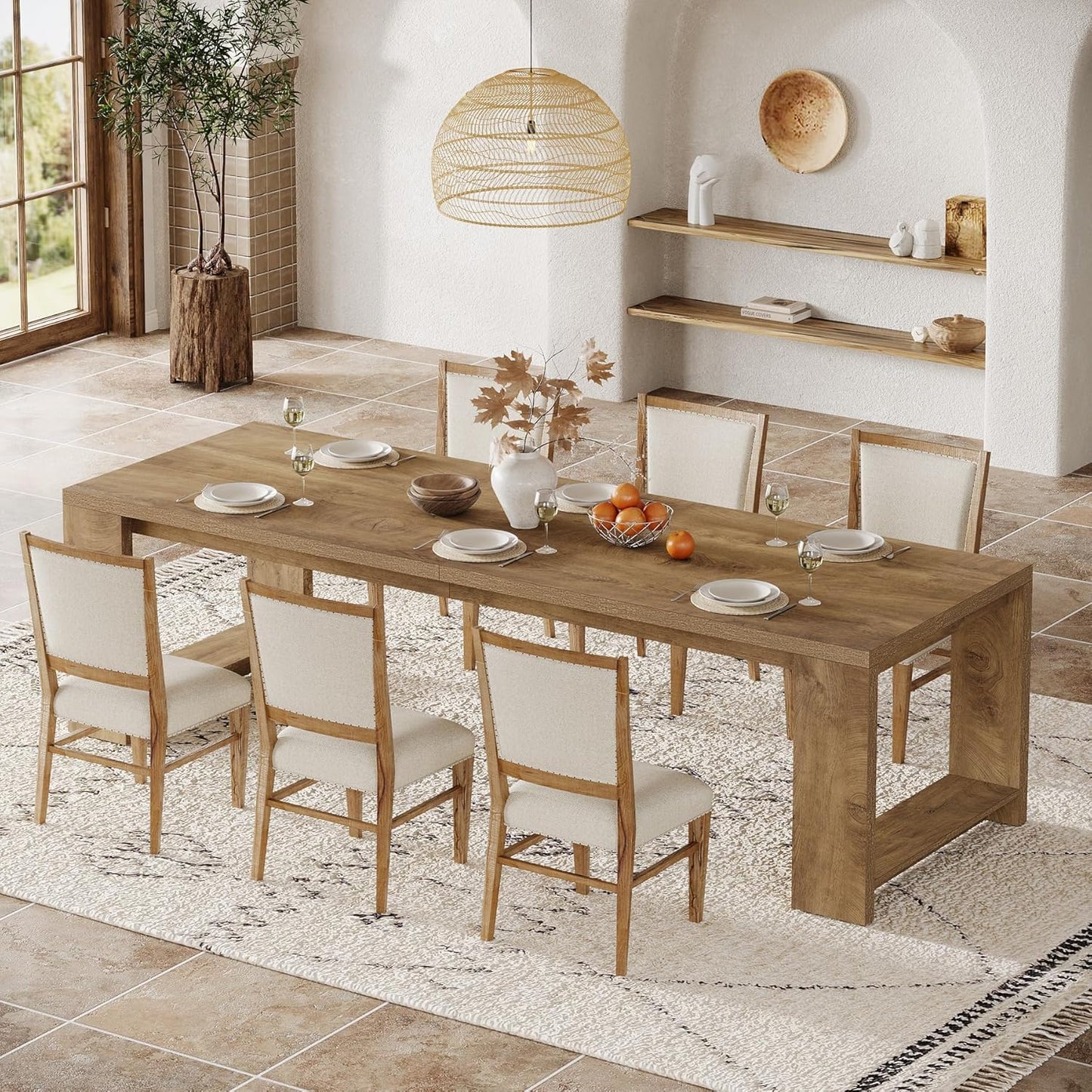 Tribesigns 86.61-Inch Dining Table for 6 People, Modern Narrow Long Kitchen Table with Pedestal Base, Farmhouse Extra Long Rectangular Dining Room Furniture, 27.56 x 86.61 x 29.53 Inches, Oak