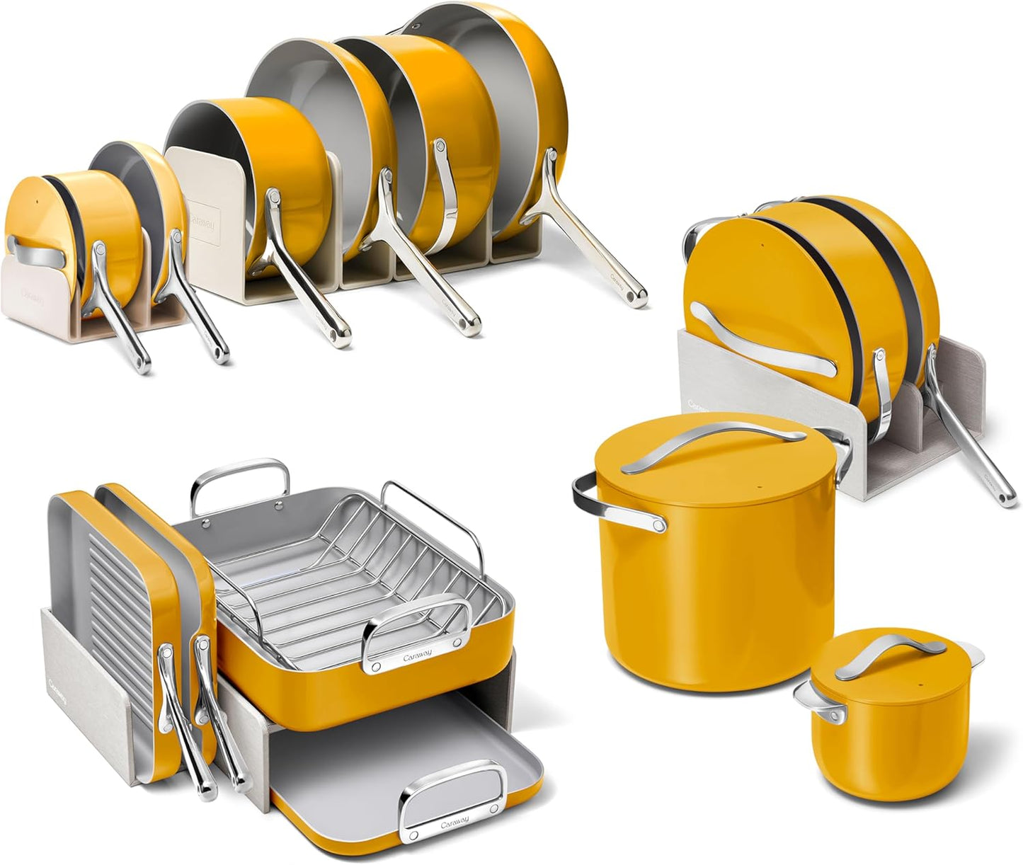 Caraway 31-Piece Ceramic Cookware Bundle - Fry Pans, Saucepans, Sauté Pan, Dutch Oven, Petite Cooker, Stir Fry, Rondeau, Stock Pot, Grill & Griddle Pans, Roasting Pan, Racks, Organizers - Marigold