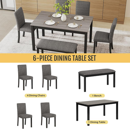 Zevemomo 6-Piece Solid Wood Dining Table Set, Including 1 Dining Table, 4 Upholstered Chairs and 1 Bench, Wooden Legs Dining Table Set for Dining Room, Kitchen, Restaurant, Dark Grey
