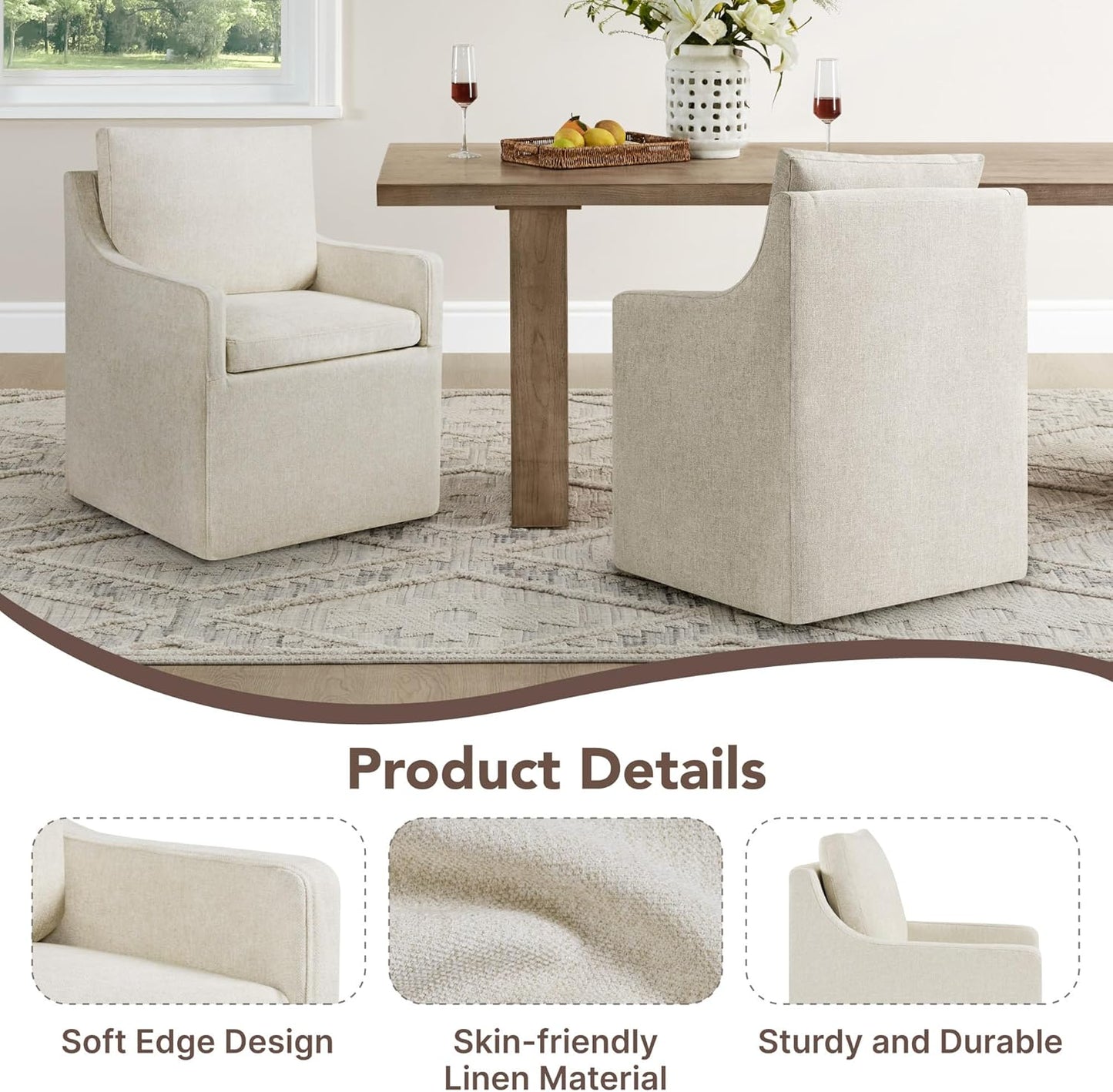 KISLOT Upholstered Dining Chairs Set of 4, Modern Dining Room Chairs with Casters & Washable Cover, Rolling Accent Chair with Hidden Storage for Kitchen, Farmhouse, Living Room, Beige, 4 Box
