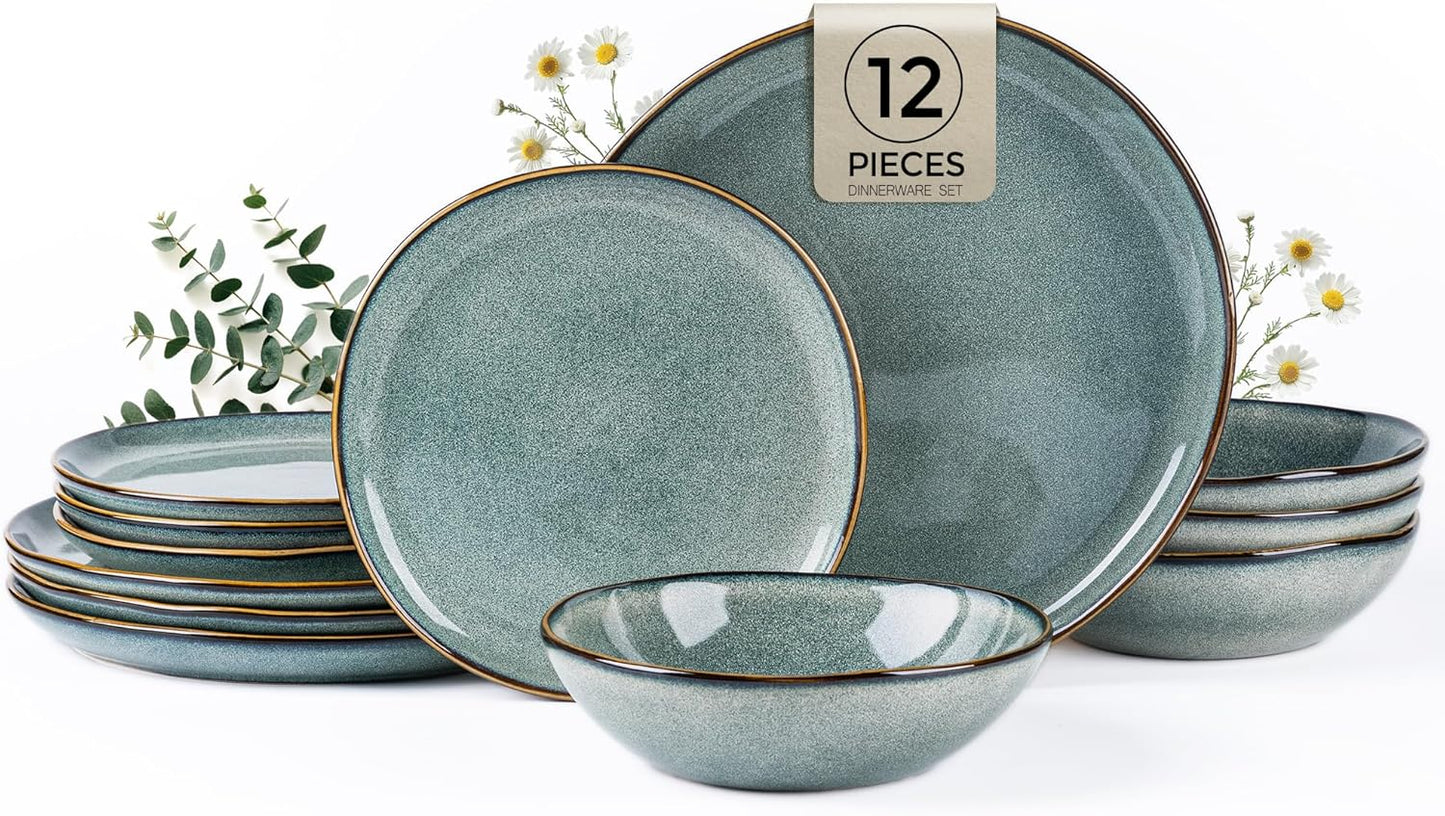 AmorArc Ceramic Dinnerware Sets,Handmade Reactive Glaze Stoneware Plates and Bowls Sets,Highly Scratch Resistant | Dishwasher & Microwave Safe Dishes Set,Service for 4 (12pc)