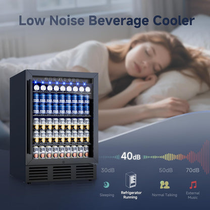 24 Inch Beverage Refrigerator, 180 Cans Beverage Refrigerator with Glass Door, LED Light, Under Counter Refrigerator for Soda, Water, Wine, Drink Fridge for Home, Bar or Office
