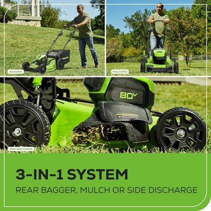 Greenworks 80V 21” Brushless (Self-Propelled) Cordless Electric Lawn Mower + (580 CFM) Axial Leaf Blower (75+ Compatible Tools), 4.0Ah Battery and 60 Minute Rapid Charger, Green and Black
