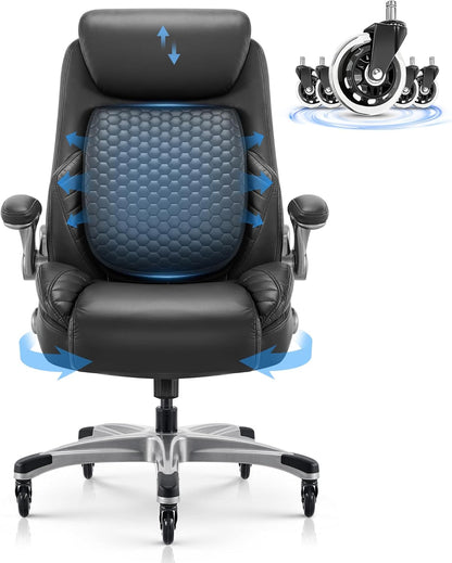 COLAMY Office Ergonomic Desk High Back Executive Chair with Pop-Out Lumbar Support, Upgraded Casters, Adjustable Headrest, Flip-Up Arms, Leather Home with Thick Cushion for Comfort - Black