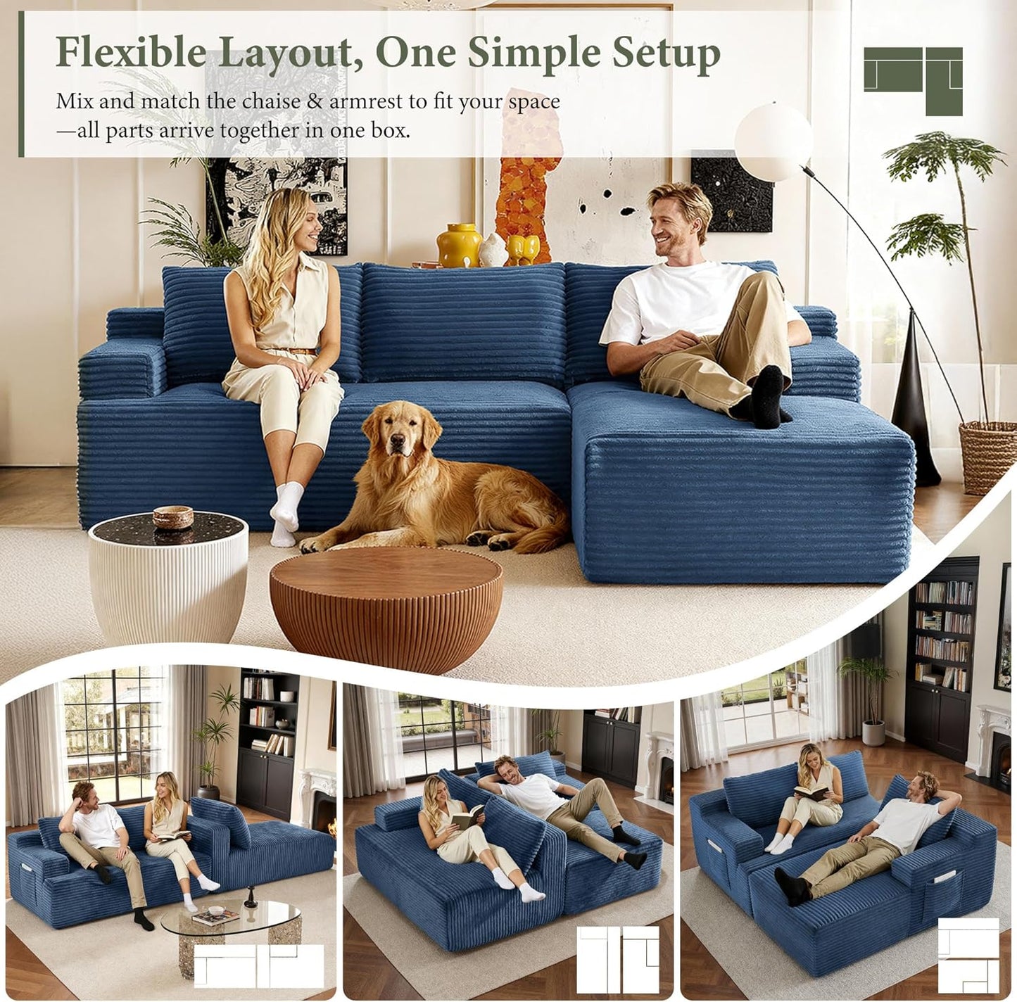 96" Sectional Couches for Living Room Cloud Couch Sofa with L-Shape Upholstered Boneless Couchs Modern Modular Sectional Couch with Chaise (Bule, 96" W+Right Facing Chaise+2Seaters)