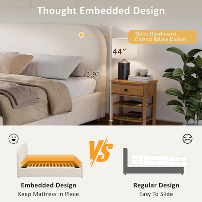 Christopher Knight Home Lanet Linen Upholstered King Size Bed Frame with Headboard, Modern King Bed Frame and Headboard, Wooden Slats Support, Easy Assembly, No Box Spring Needed, Beige
