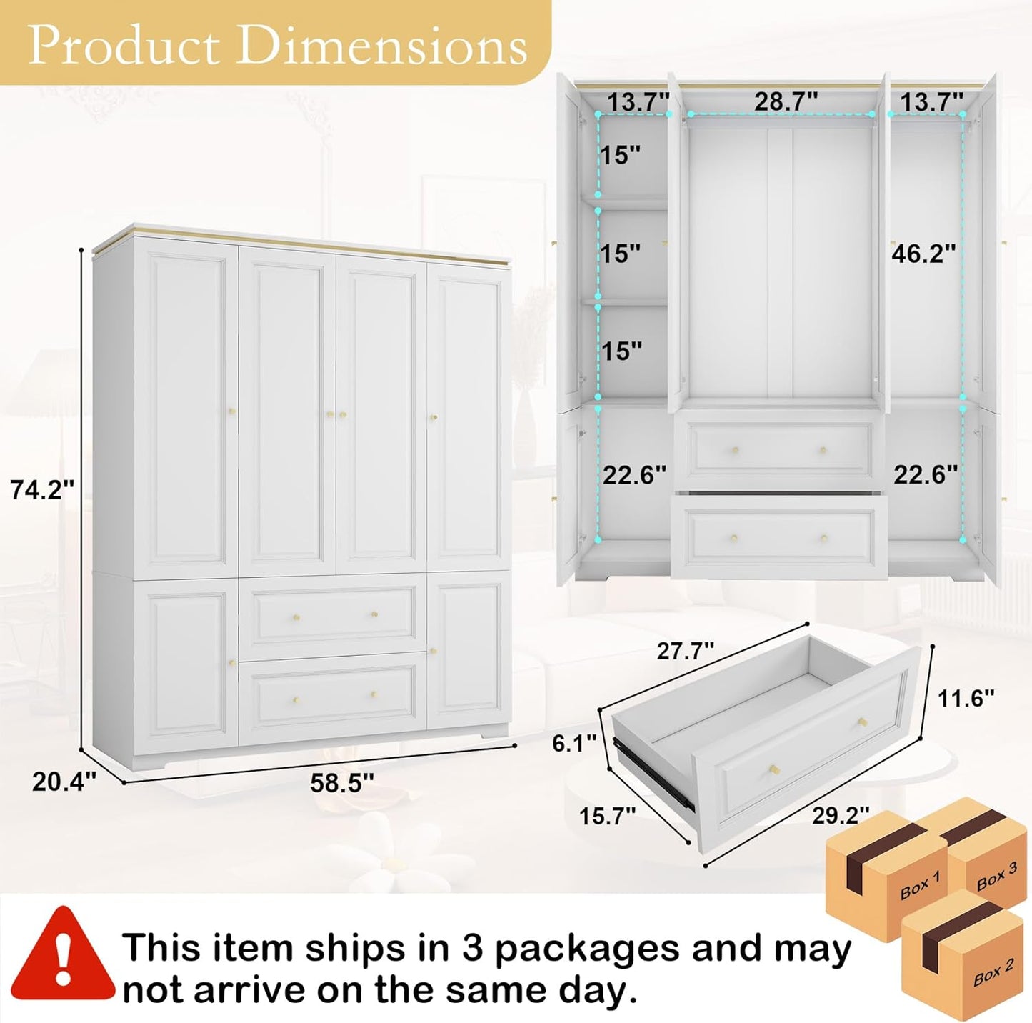 White Wardrobe with 2 Drawers: 74" Large Wardrobe Closet for Hanging Clothes, Tall Armoire Closet with 4 Doors, Bedroom Armoires with Hanging Rod (59")