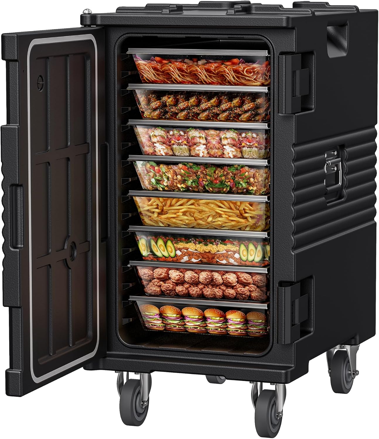CAMMOO 127QT Non-Electrical Catering Food Warmers with Swivel Casters, 304 Stainless Steel Door Shaft & Nylon Latch, Insulated Food Carrier for 8 Full-Size Pans(NOT Included), Food Warmer Hot Boxes
