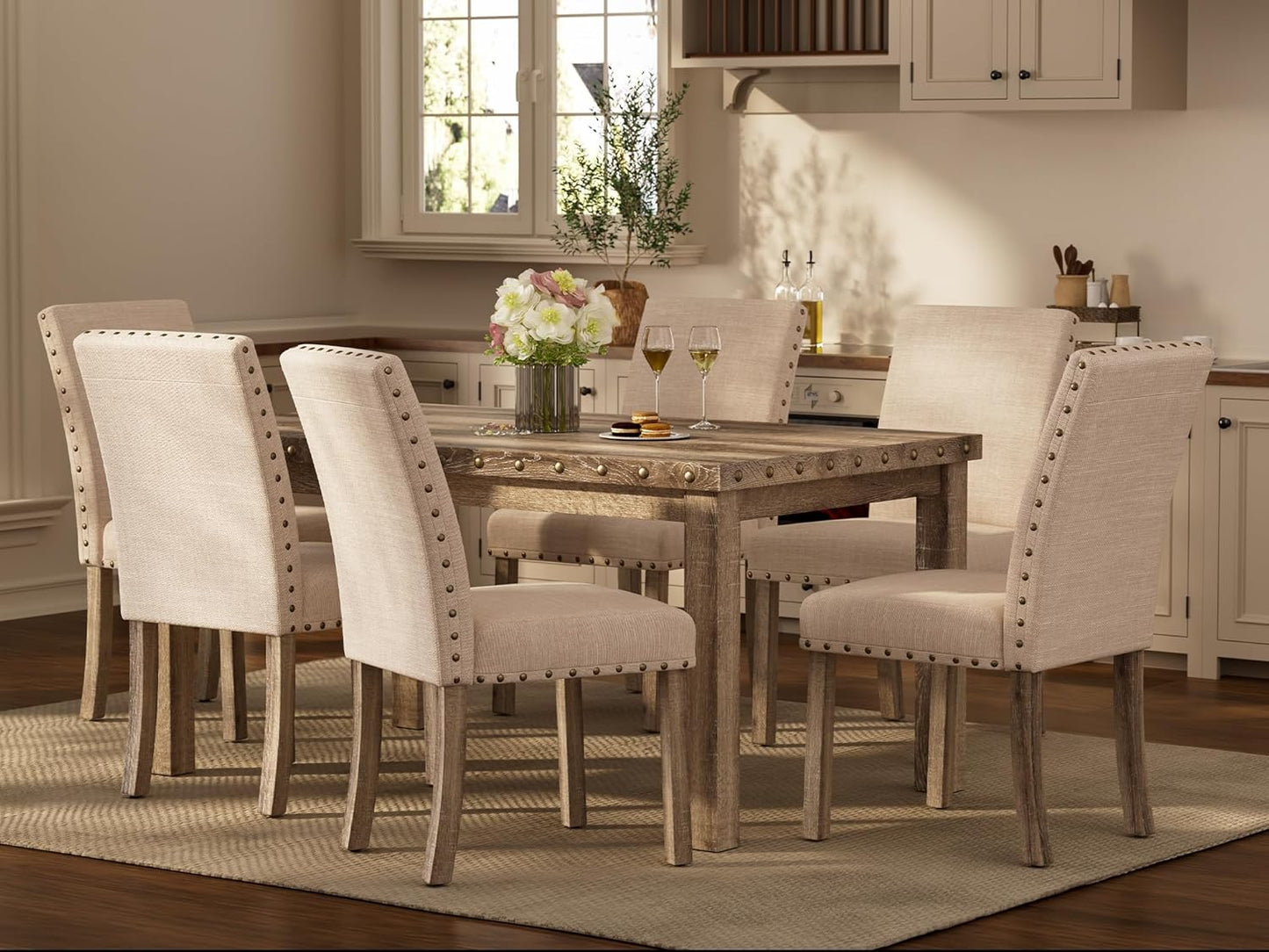 Morden Fort Rustic Dining Table Set for 6, Farmhouse Kitchen Dining Chairs for 6, Charming 60" Rectangular Wooden Table&6 Upholstered Chair with Nailhead Accents for Dining Hub,Breakfast Nook