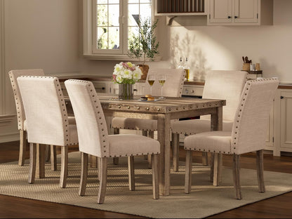 Morden Fort Rustic Dining Table Set for 6, Farmhouse Kitchen Dining Chairs for 6, Charming 60" Rectangular Wooden Table&6 Upholstered Chair with Nailhead Accents for Dining Hub,Breakfast Nook