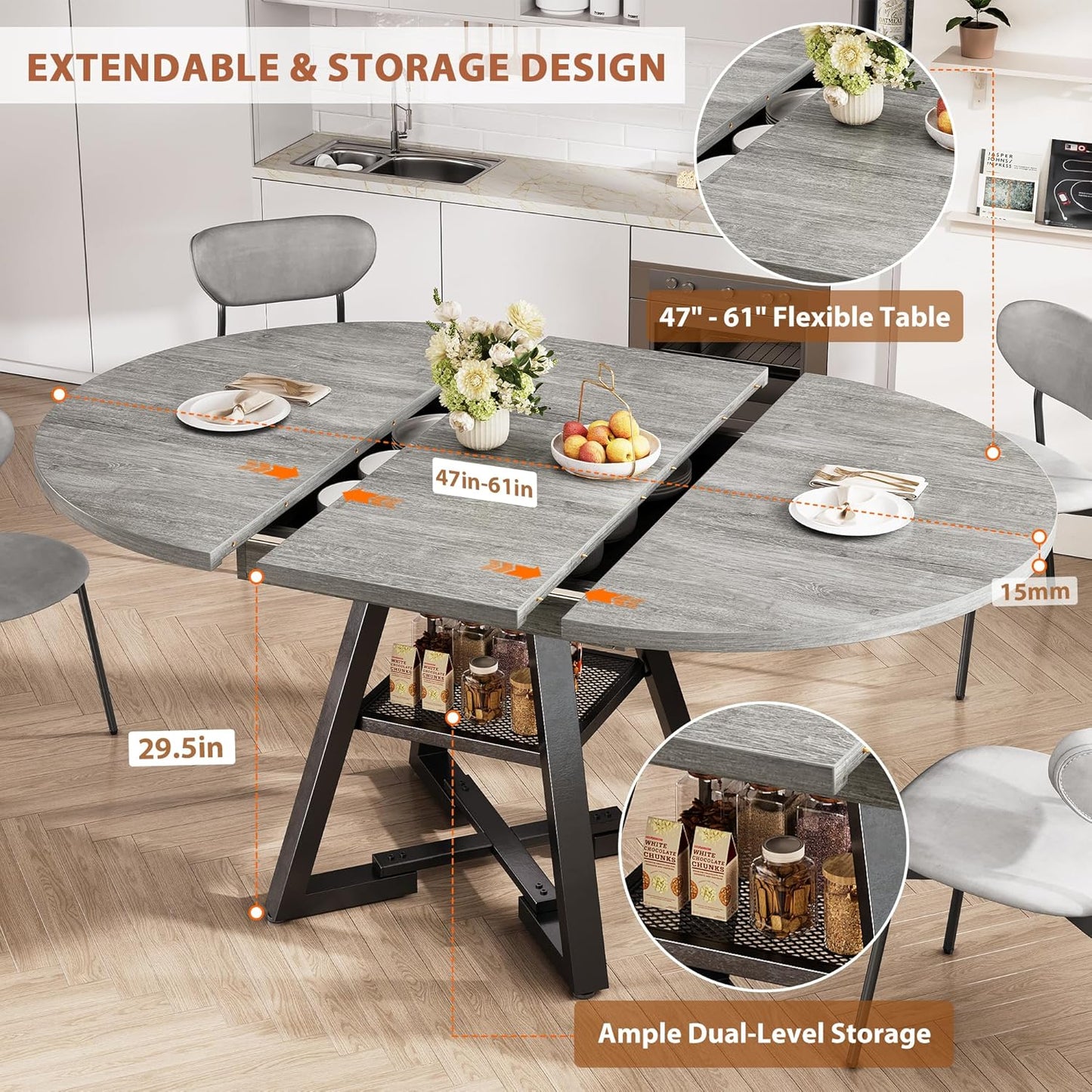 43''-57'' Extendable Round Dining Table for 4-6, Modern Industrial Kitchen Oval Dining Table with Removable Leaves, Space Saving Pedestal Base with Storage Shelf for Kitchen Living Room (Grey)