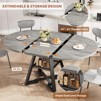 43''-57'' Extendable Round Dining Table for 4-6, Modern Industrial Kitchen Oval Dining Table with Removable Leaves, Space Saving Pedestal Base with Storage Shelf for Kitchen Living Room (Grey)