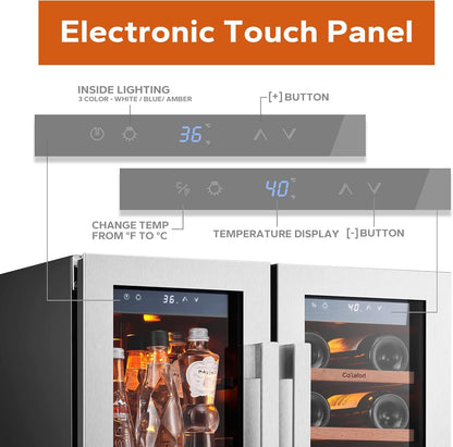 Ca'Lefort 24 Inch Wine and Beverage Refrigerator, 60 Can and 20 Bottle Wine Fridge 36-72°F, 3 LED Dual Zone Wine Cooler with Glass Door, Built-in Compressor Refrigerator for Home/Kitchen (4.10 cu.ft)