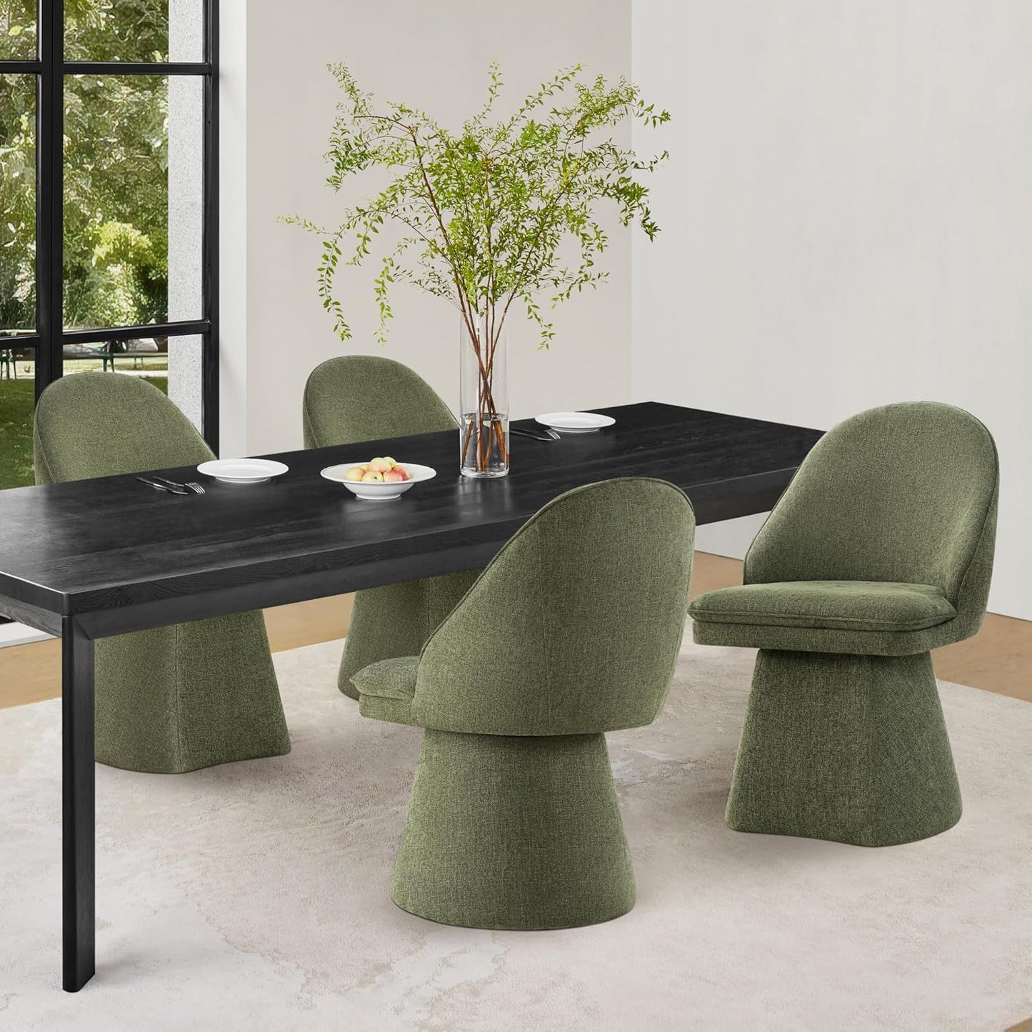 KISLOT Swivel Dining Chairs Set of 4, Upholstered Mid Century Modern Deskchair with Round Back, Linen Fabric Kitchen Chairs for Dining Room, Bedroom, Dressing Room, Green
