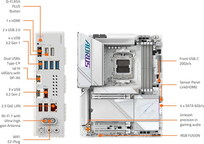 GIGABYTE X870E AORUS PRO ICE AMD AM5 LGA 1718 Motherboard, ATX, DDR5, 4X M.2, PCIe 5.0, USB4, WIFI7, 2.5GbE LAN, EZ-Latch, 5-Year Warranty
