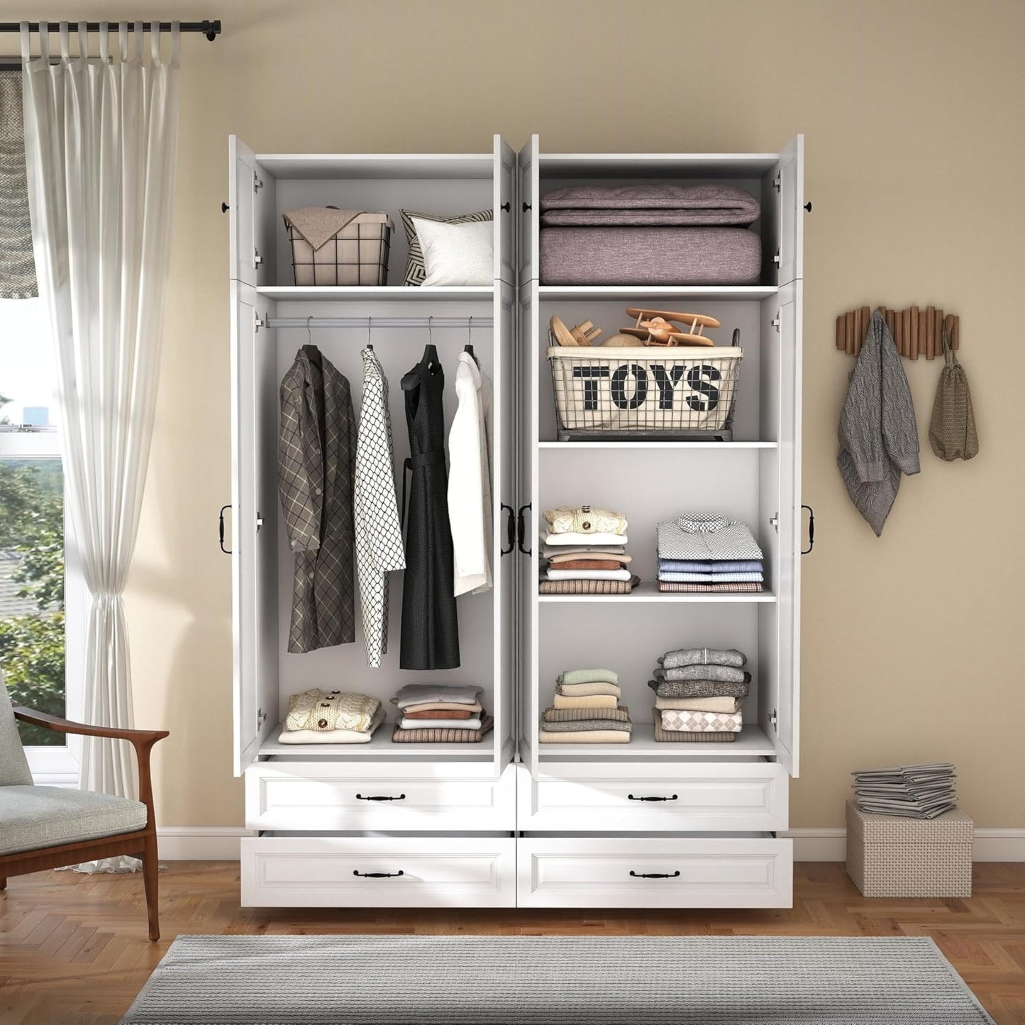 White Armoire Wardrobe Closet: 88" Extra Tall Wardrobe Closet with 4 Drawers, Bedroom Armoires with 4 Doors, Wood Large Armoire with Top Cabinet (63")